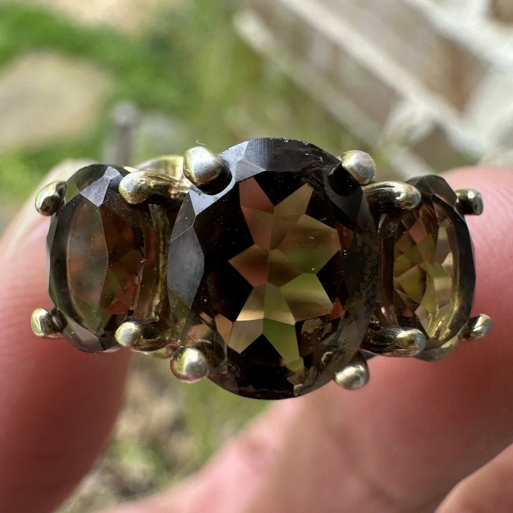 SETA  Accent Ring Size‎ 8 Triple Smoky Quartz Gems Gold Plated 925 Sterling 4.4g
